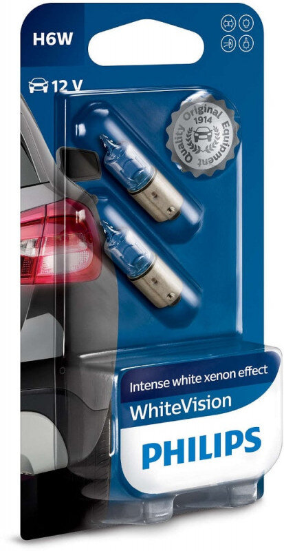Philips White Vision H6W pærer med Xenon effekt & +60% mere lys (2 stk) Philips White Vision +60% mere lys