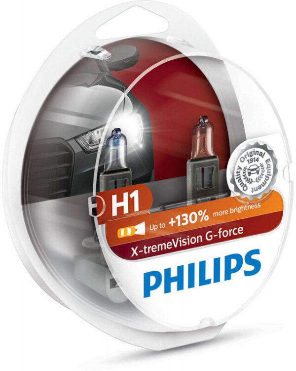 Philips H1 X-tremeVision G-force pærer +130% mere lys ( 2 stk) Philips Xtreme Vision G-force +130%