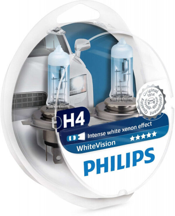 Philips White Vision H4 pære med Xenon effekt & +60% mere lys 2 stk. + (2stk. W5W) Philips White Vision +60% mere lys