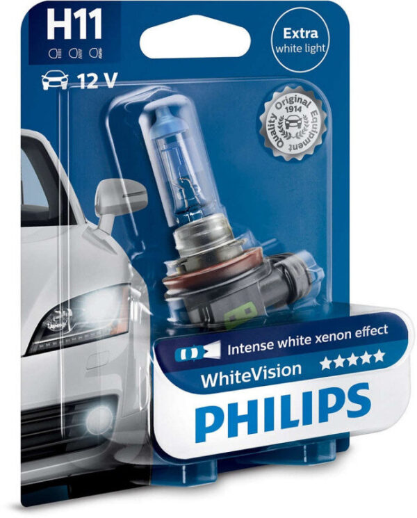 Philips White Vision H11 pære med Xenon effekt & +60% mere lys (1 stk) Philips White Vision +60% mere lys