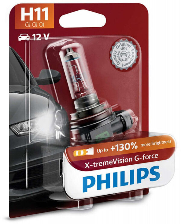 Philips H11 X-tremeVision G-force pærer +130% mere lys ( 1 stk) Philips Xtreme Vision G-force +130%