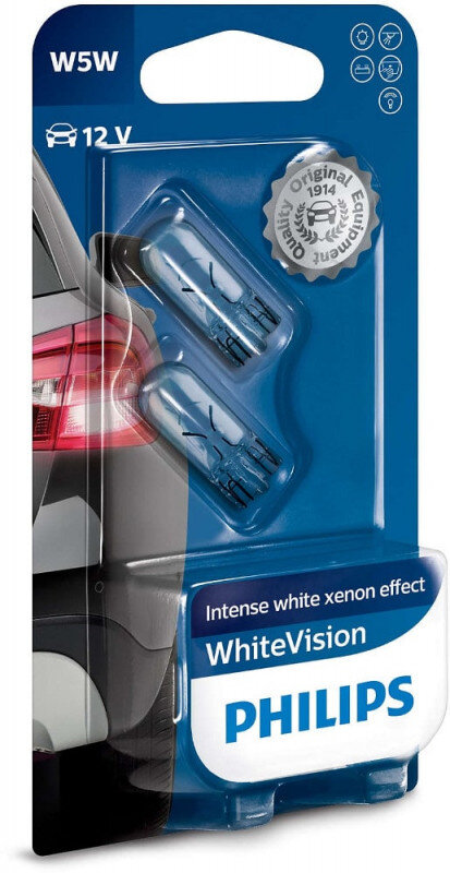 Philips W5W White Vision pærer med Xenon effekt & +60% mere lys (2 stk) Philips White Vision +60% mere lys