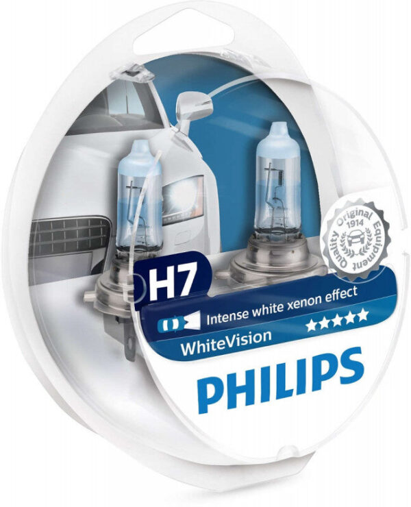 Philips White Vision H7 pære med Xenon effekt & +60% mere lys 2 stk + (2stk. W5W) Philips White Vision +60% mere lys