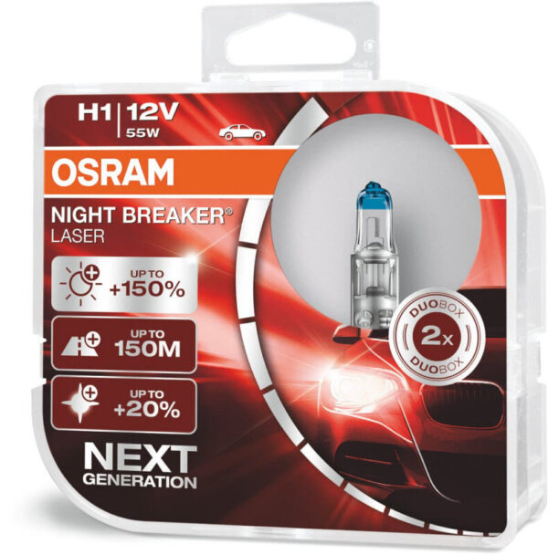 Osram Night Breaker Laser H1 pærer med +150% mere lys (2 stk) pakke Osram Night Breaker Laser +150%