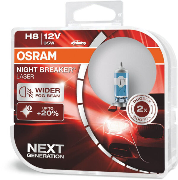 Osram Night Breaker Laser H8 pærer +150% mere lys (2 stk) pakke Osram Night Breaker Laser +150%