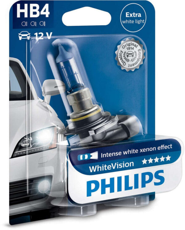 Philips White Vision HB4 pære med Xenon effekt & +60% mere lys (1 stk) Philips White Vision +60% mere lys