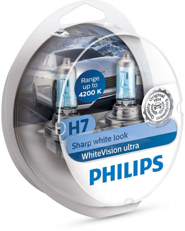 Philips WhiteVision Ultra H7 pærer 2 stk. Kit +60% mere lys | hvidt lys (op til 4200K) Philips WhiteVision Ultra +60% mere lys